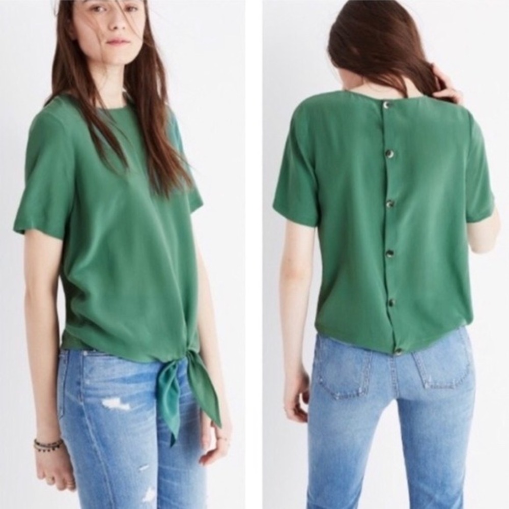 Madewell Silk Button-Back Tie-Front Top Forest Green G2064 Size L